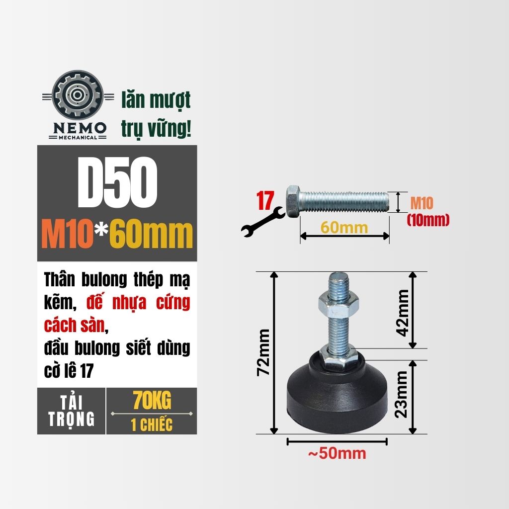 Chân Tăng Chỉnh Đế Nhựa Cứng – Giải Pháp Cân Bằng & Chống Rung (M10, M12, M16)